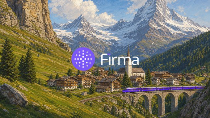 The image showcases a stunning alpine village with snow-capped mountains, a church, and a purple train crossing a stone viaduct, overlaid with the "Firma" logo (a purple dotted circle next to the white text "Firma"), promoting the Firma Cash app's new availability on the App Store for gasless stablecoins on eCash ($XEC).