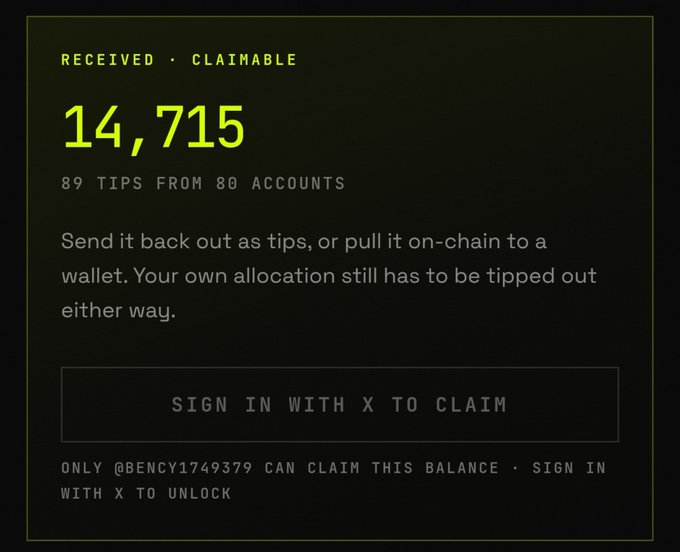 A screen showing "14,715" as "RECEIVED · CLAIMABLE" with "89 TIPS FROM 80 ACCOUNTS," featuring a "SIGN IN WITH X TO CLAIM" button and noting only @bency1749379 can claim the balance.