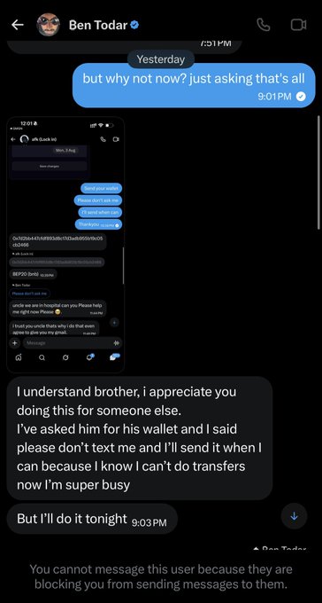 A text message thread with someone named "Ben Todar" where the user explains they're busy and cannot send a transfer right now but will do it tonight, though a note at the bottom indicates Ben Todar has blocked the sender from messaging them.