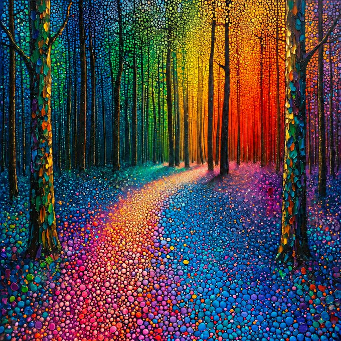 A vibrant pointillist-style painting of a forest path, featuring rainbow-colored dots forming trees and a luminous trail leading toward an orange and yellow sunset.