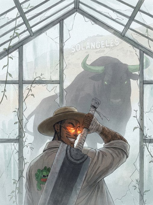 An illustration of a smirking warrior with glowing red eyes and a wide-brimmed hat holding a large sword, standing inside a glass greenhouse with the word 'SOLANGELES' written on the glass, while a massive shadowy bull with green horns looms behind him.