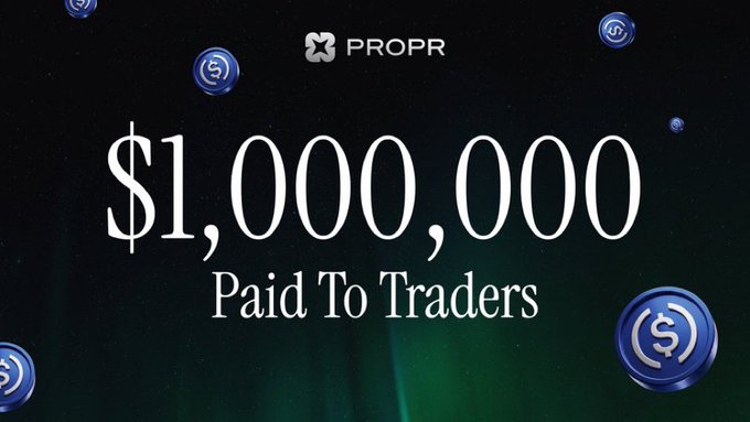 A promotional banner for PROPR displaying '$1,000,000 Paid To Traders' surrounded by floating blue dollar sign tokens on a dark background.