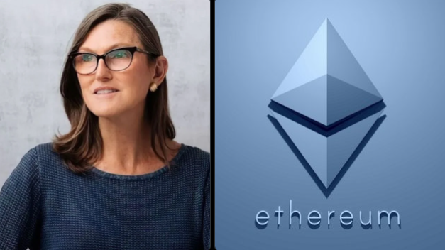 A photo of Cathie Wood beside the Ethereum logo, illustrating the news that ARK Invest has tokenized its $1.3 billion ARKVX venture fund on Ethereum.