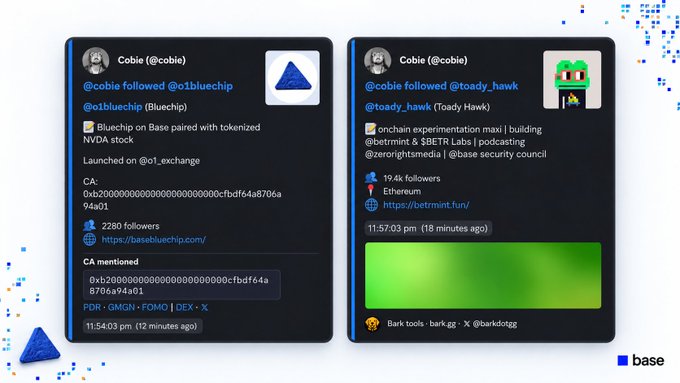 Two side-by-side screenshots of Twitter/X posts by 'Cobie (@cobie)'. The left shows '@cobie followed @o1bluechip (o1bluechip)' about 'Bluechip on Base' with 2,280 followers and a contract address. The right shows '@cobie followed @toady_hawk (Toady Hawk)' with 19.4k followers, related to 'onchain experimentation max' and Ethereum.