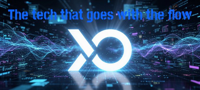 A glowing white "XO" logo sits at the center of a futuristic cityscape backdrop with blue text reading "The tech that goes with the flow," visually reinforcing the post's theme of seamless, high-tech financial innovation through programmable wallets and x402-enabled stablecoin micropayments for AI agents.