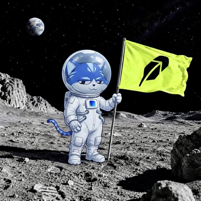 A blue cartoon cat character wearing a white astronaut suit stands on a lunar surface holding a yellow flag, with Earth visible in the starry sky above.