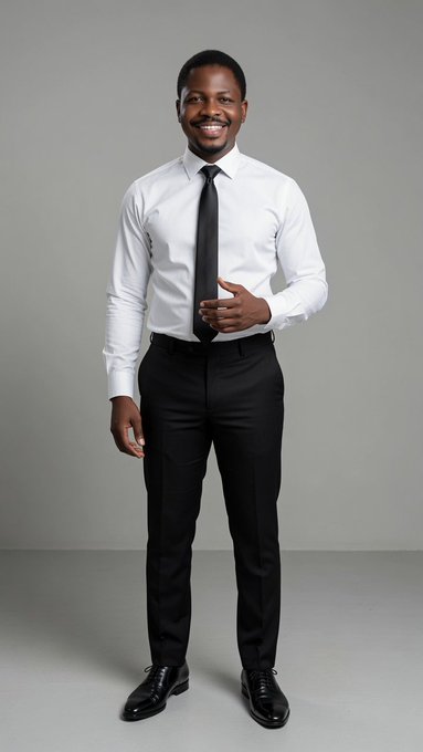 A smiling man stands confidently in a white dress shirt, black tie, and black trousers, posing professionally against a gray background. The polished, business-ready look complements the post's motivational "Gm Legends, let's keep grinding" message, reinforcing a theme of discipline and success tied to the listed tickers $DIA, $BTC, $ONyc, $ASTRA, and $SPCX.