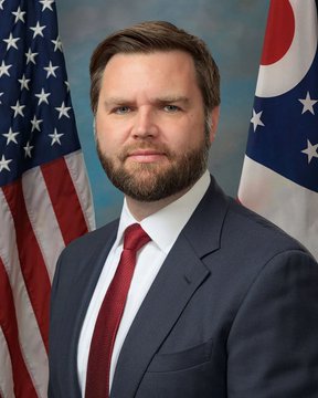 This is an official portrait of U.S. Senator JD Vance, standing between the flags of the United States and Ohio. The image complements the accompanying post quoting Vance's prediction about Bitcoin ownership.