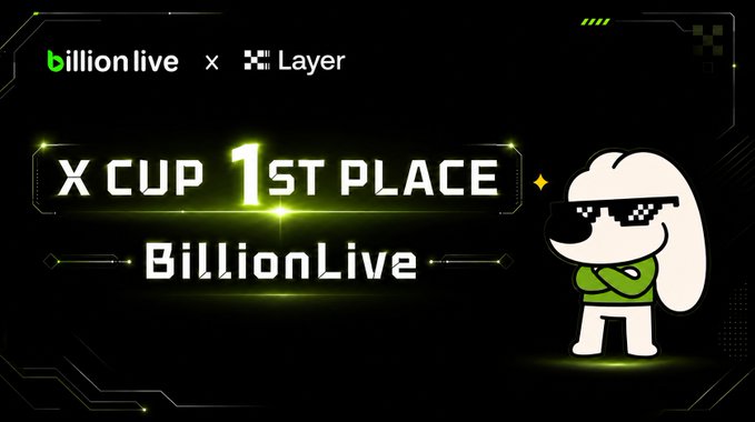 The image features a cartoon dog wearing sunglasses, standing against a black background with white text that reads "X Cup 1st Place BillionLive". The dog appears to be dressed for a party or event, as indicated by its sunglasses and green sweater. The text also mentions that the dog is not allowed to drink beer due to being a Web3 Agent Payment. This suggests that the image might be related to an advertisement or promotional material for a web3-based payment system or service.