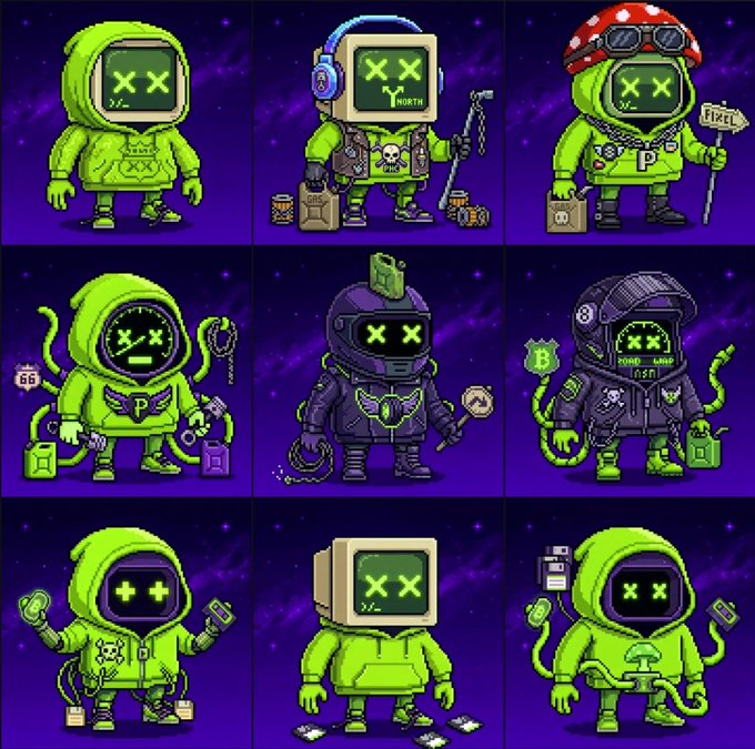 A 3x3 grid of nine pixel-art NFT characters featuring green-hooded figures with "XX" faces, alongside variants with headphones, mushroom caps, helmets, and robot heads, accented by labels like "NORTH," "PIXEL," "PUNK," "GOOD LUCK," and "66." The collection aligns with the post's promotion of the "Early Alpha Project" by @pixelord, a two-collection NFT series (1333 supply) with its first mint having a 0.045 ETH floor price and 45.98 ETH total volume.