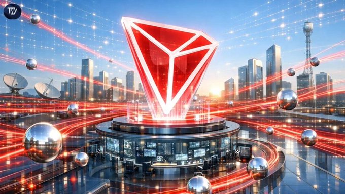 A futuristic 3D rendering of a glowing red triangular/diamond-shaped trophy or logo on a circular platform, set against a city skyline with floating metallic spheres and red laser-like light streams emanating outward, with a 'W' watermark in the corner.