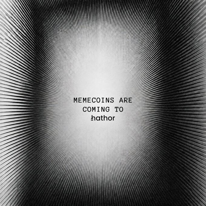 A grayscale graphic with radiating line patterns displaying the text 'MEMECOINS ARE COMING TO hathor', referring to the Hathor blockchain.