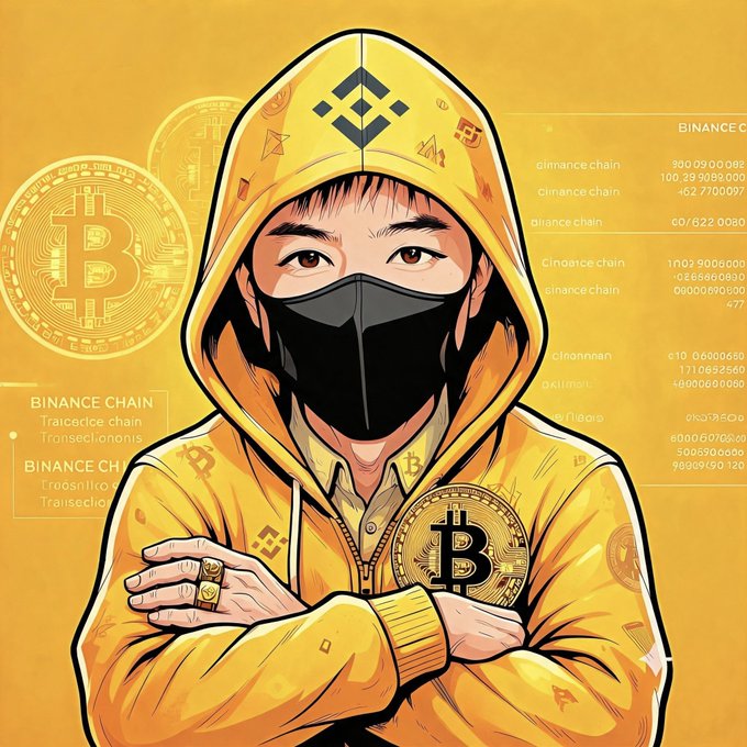 A masked figure in a yellow Binance-themed hoodie stands with arms crossed, surrounded by Bitcoin logos, Binance Chain branding, and cryptocurrency data on a yellow background. The image ties into the post's offer of an airdrop, using Binance Chain imagery and a wallet address (0x54581e70a54767d502f0aea9d7933a3c33234444) to solicit users to share their crypto wallet addresses.