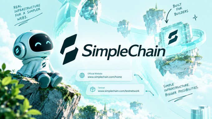 A light-blue promotional graphic for “SimpleChain,” showing a small robot mascot, floating blockchain structures, and text including “REAL INFRASTRUCTURE FOR A SIMPLER WEB,” “BUILT FOR BUILDERS,” and “SIMPLE INFRASTRUCTURE. BIGGER POSSIBILITIES.”