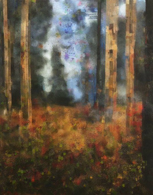 A textured oil painting depicts an abstract forest scene with tall, vertical tree trunks in warm autumnal tones of orange, gold, and brown, set against a misty gray-blue background.