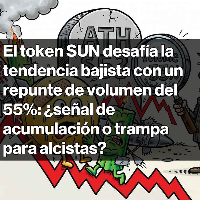 The image features a cartoon illustration of a man holding a gun against an uphill slope with a red and black downward sloping line. In the corner, there's a text box that reads "SUN repunta con un volumen sorprendente del 55% El token SUN alcanza los USD $99 millones en volumen diario, cerca de mínimos historias". The image also includes a question asking whether or not someone should take the money from the man.