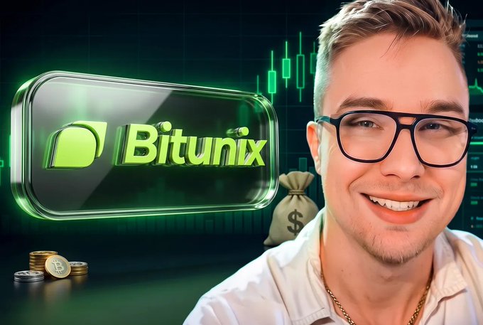 A YouTube thumbnail-style image featuring a smiling man with glasses alongside a 'Bitunix' logo, Bitcoin coins, and cryptocurrency chart graphics.