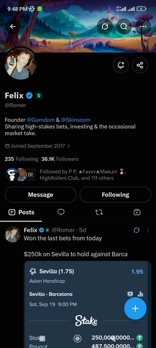 The image shows an X (Twitter) profile for "Felix" (@Rom3r), founder of Gamdom and Stake.com, displaying a recent post about winning a $250k bet on Sevilla (1.75) with an Asian Handicap against Barcelona on Stake. The post caption "Great opportunity PhilipMaria" appears to promote this high-stakes betting outcome to followers.