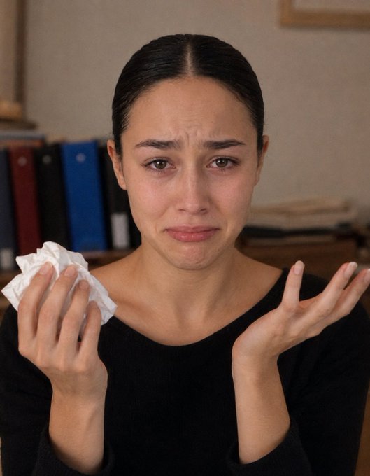 A teary-eyed woman holds a crumpled tissue and shrugs helplessly, perfectly embodying the defeated "broke gamer" mood of the post about watching a GTA VI clip yet still being unable to afford a PS5 Pro.