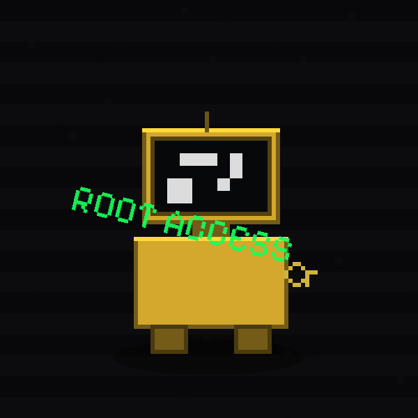 The image displays a pixelated golden robot with a TV-like screen head, overlaid with green "ROOT ACCESS" text styled like a hacker command, evoking a digital or crypto theme. This fits the post announcing a "MINT IS LIVE!" event, likely promoting a new Dat NFT collection on OpenSea, where "root access" symbolizes unlocking or claiming the digital assets.