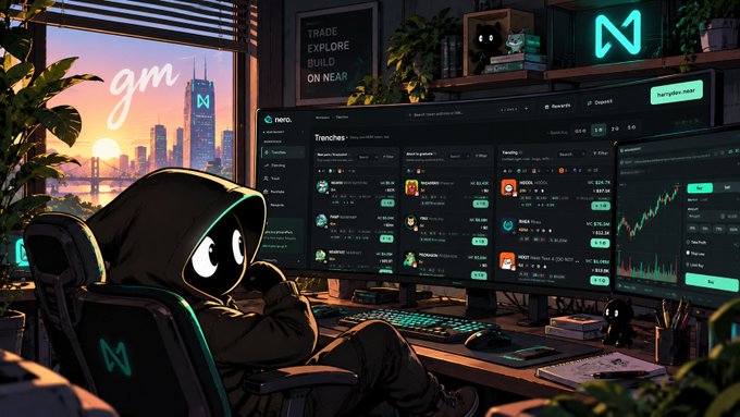 A hooded figure with large cartoonish eyes sits at a desk in front of multiple monitors displaying cryptocurrency trading interfaces, with a neon sign and 'TRADE EXPLORE BUILD ON NEAR' text visible in the background.