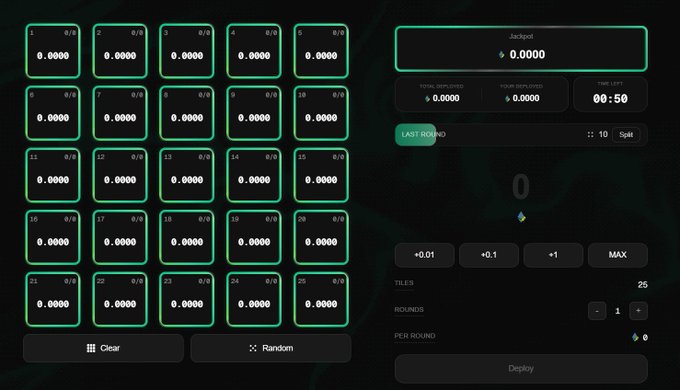 A dark-themed gambling/crypto betting interface with 25 numbered tiles showing 0.0000 values, a jackpot display, and deploy button.