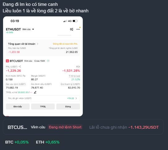 A cryptocurrency trading screenshot in Vietnamese shows a significant loss, with text 'Đang đi lỉm ko có time canh - Liều luôn 1 lệnh vẹ lông đặt 2 lệnh bỏ nhanh' and a short position on BTCUSDT showing a loss of -1,229.26 USDT.