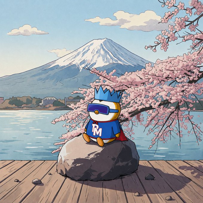 An anime-style illustration shows a penguin wearing ski goggles, a blue crown, and a red cape with 'RM' on its chest, sitting on a rock with Mount Fuji, a lake, and cherry blossoms in the background.