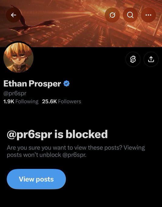 A screenshot of a Twitter/X profile for 'Ethan Prosper' (@pr6spr) with 25.6K Followers, showing a 'is blocked' message and a 'View posts' button.