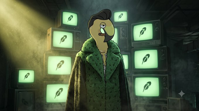 A cartoon figure wearing a green fur-collared coat and smoking a cigar stands surrounded by stacks of glowing CRT televisions, each displaying a flamingo logo against a moody, smoky backdrop with dramatic lighting. The imagery ties to the accompanying post promoting "@Flamingos_ETH," reinforcing the brand's identity through its distinctive flamingo emblem repeated across the screens.