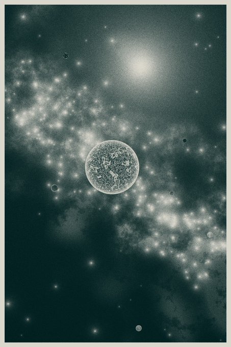 A textured, cratered celestial body floats amidst a luminous nebula and scattered stars, with a bright light source glowing in the upper portion of the deep space scene, evoking the cosmic journey theme of the Art Blocks 500 piece "Voyager."
