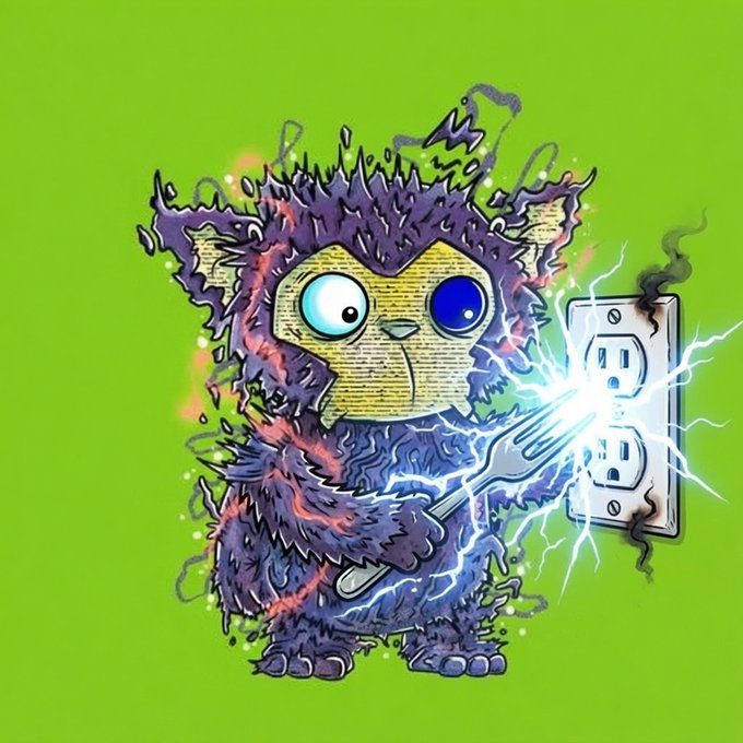 A furry, purple cartoon creature with mismatched eyes holds a metal fork against an electrical outlet, causing bright blue sparks and lightning to arc from the prongs against a lime green background.