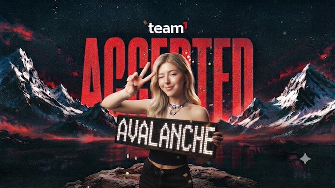 A woman makes a peace sign while holding an illuminated "AVALANCHE" sign in front of a dramatic mountain landscape, with bold text reading "team ACCEPTED," announcing her new role as a collaborator with @avaxteam1.