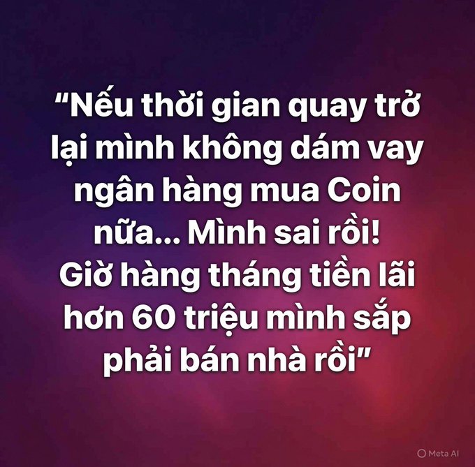 A Vietnamese quote in white text on a purple background expressing regret about borrowing money from a bank to buy 'Coin', stating monthly interest of over 60 million and the risk of having to sell a house.