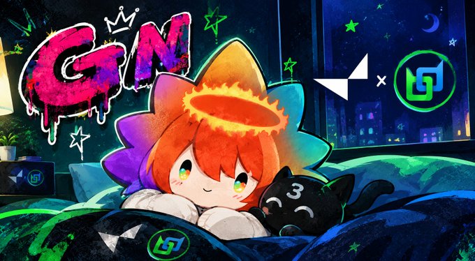Colorful artwork featuring a cartoon character with rainbow-colored spiky hair and a halo sleeping next to a black cat, with graffiti-style 'GM' text and logos including a green 'LS' symbol.