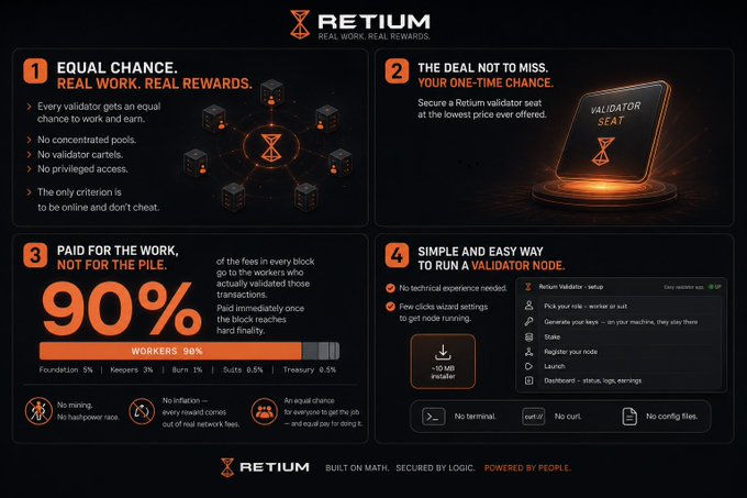 A promotional graphic for 'RETIUM' outlining four key features including 'EQUAL CHANCE. REAL WORK. REAL REWARDS.', highlighting that 90% of fees go to workers, alongside details about validator seats and the retium validator setup process.