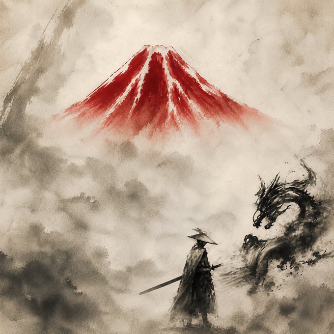 A traditional Japanese-style ink and watercolor painting featuring Mount Fuji rendered in red, with a lone samurai figure in the foreground facing a dark ink-splash dragon emerging from mist.
