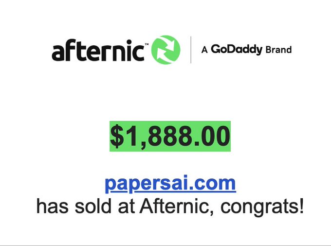 Afternic (A GoDaddy Brand) sales confirmation showing the domain 'papersai.com' has sold for $1,888.00.