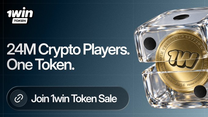 A promotional graphic for '1win Token' advertises '24M Crypto Players. One Token.' with a gold coin in a transparent cube and a 'Join 1win Token Sale' button.