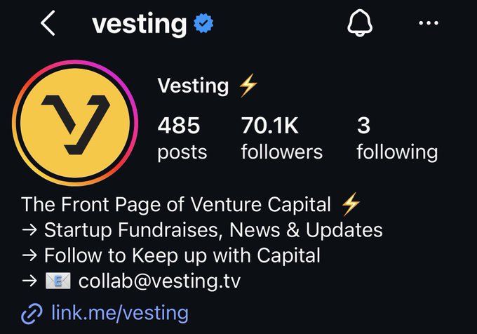 The screenshot shows the Instagram profile for "Vesting," an account with 70.1K followers, 485 posts, and 3 following, branded as "The Front Page of Venture Capital." The caption highlights Vesting's impressive growth from zero to 70.1K followers in just one year, built "brick by brick."
