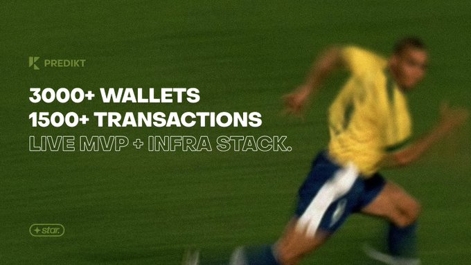 The image features a man running across a green field while wearing a yellow shirt, shorts, and blue socks. The background of the image is blurred, but there are some texts visible that read "3,000+ active wallets. 1,500+ executed transactions. Live MVP & infrastructure stack. + partnerships with @mayan, @trylimitless and @wormhole".
