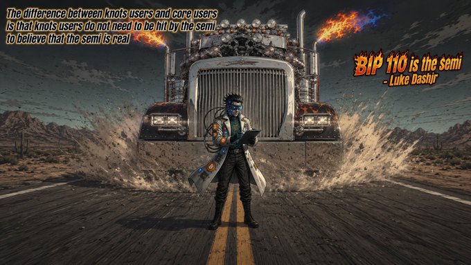 An action-style graphic showing a character standing in front of a burning truck with text 'The difference between knots users and core users is that knots users do not need to be hit by the semi to believe that the semi is real' and 'BIP 110 is the semi - Luke Dashjr'.