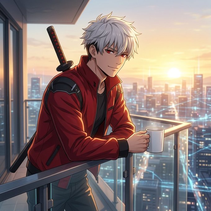 An anime-style illustration of a white-haired character in a red jacket holding a cup on a balcony overlooking a cityscape at sunset, with a sword strapped to their back.