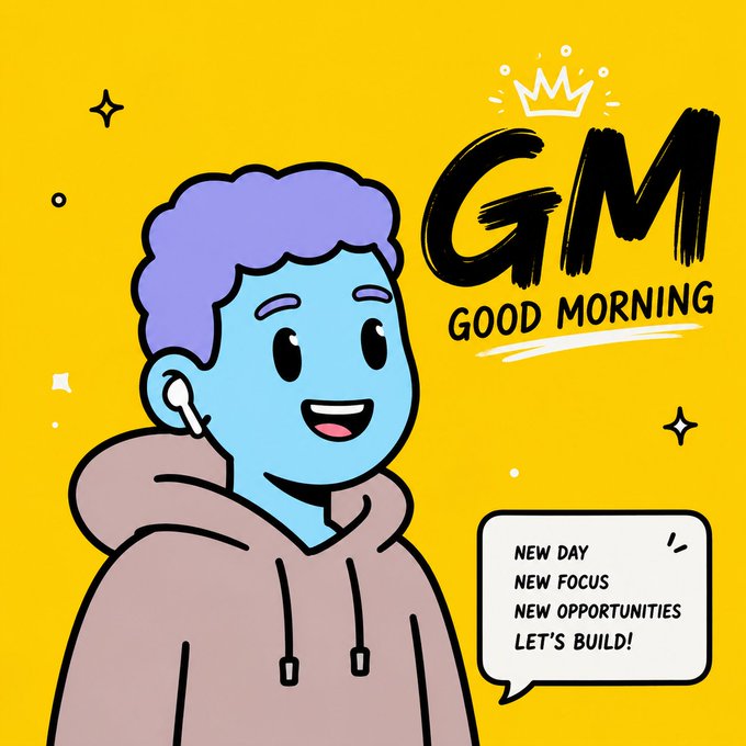 An illustrated 'GM - Good Morning' graphic featuring a smiling character with purple hair and a speech bubble reading 'New Day, New Focus, New Opportunities, Let's Build!' on a yellow background.