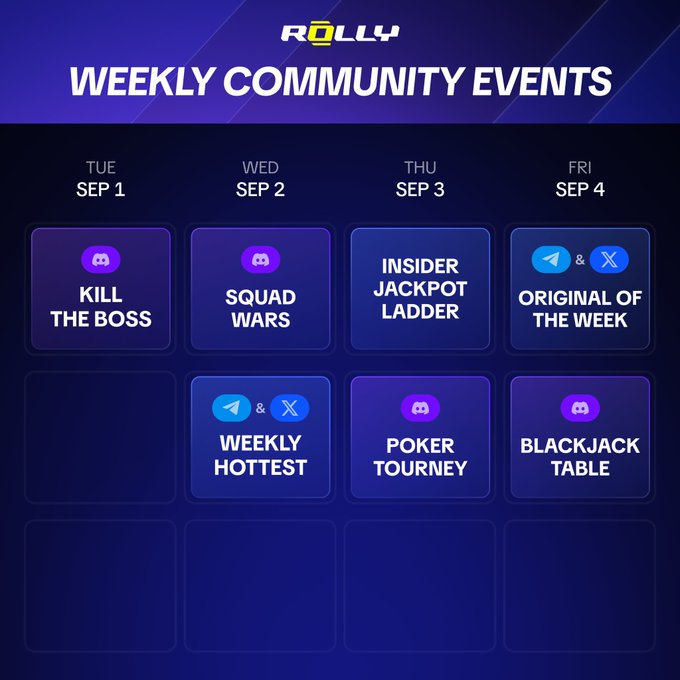 A promotional graphic for 'ROLLY' displaying 'WEEKLY COMMUNITY EVENTS' from Tuesday Sep 1 to Friday Sep 4, featuring gaming events like 'KILL THE BOSS', 'SQUAD WARS', 'INSIDER JACKPOT LADDER', 'ORIGINAL OF THE WEEK', 'WEEKLY HOTTEST', 'POKER TOURNEY', and 'BLACKJACK TABLE'.