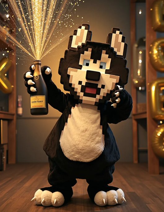 A pixelated husky mascot stands on its hind legs at a celebratory gathering, holding a champagne bottle that sprays sparkling fireworks, with gold balloons visible in the background. The festive scene captures the excitement of the Dogecoin community rallying behind single pool operators supporting Doggos Stake.