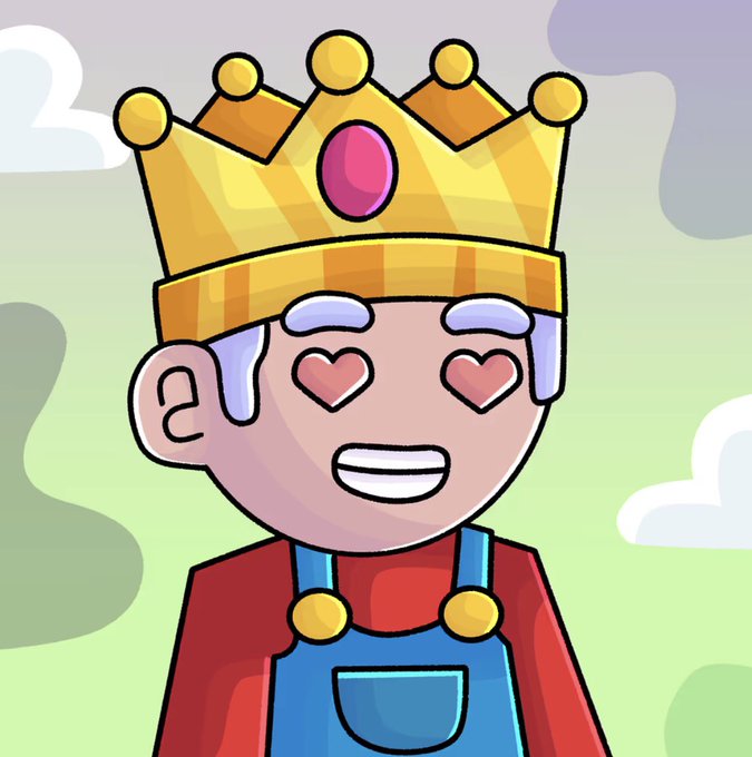 A cartoon-style digital illustration of an elderly man wearing a golden crown and blue overalls, with his eyes replaced by heart shapes, set against a pastel sky and green background.