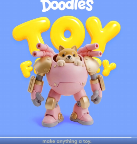 The Doodles "TOY FACTORY" promotional image features a cute Shiba Inu dog character sitting inside a pink and gold mech suit against a blue background, with the tagline "make anything a toy." The image's playful, toy-like aesthetic aligns perfectly with the post's excitement, suggesting Doodles has created a fun, toy-themed campaign or drop.
