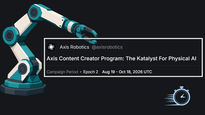 A promotional banner for the Axis Robotics Content Creator Program on a dark background, featuring a teal robotic arm and a stopwatch icon, with Epoch 2 running Aug 19 - Oct 18, 2026 UTC.