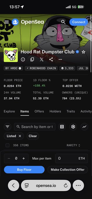 The screenshot shows an OpenSea listing for the "Hood Rat Dumpster Club" NFT collection, displaying a floor price of 0.0264 ETH with a 1D floor increase of +158.4%, 356 listed items, and a top offer of 0.0236 ETH—perfectly illustrating the kind of floor recovery and trading opportunity the user describes in their post about profiting 2x through strategic buying and selling.